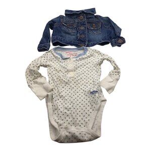 Lot of 2 OshKosh Baby Girl Size 6 Months Floral White Bodysuit Denim Blue Jacket
